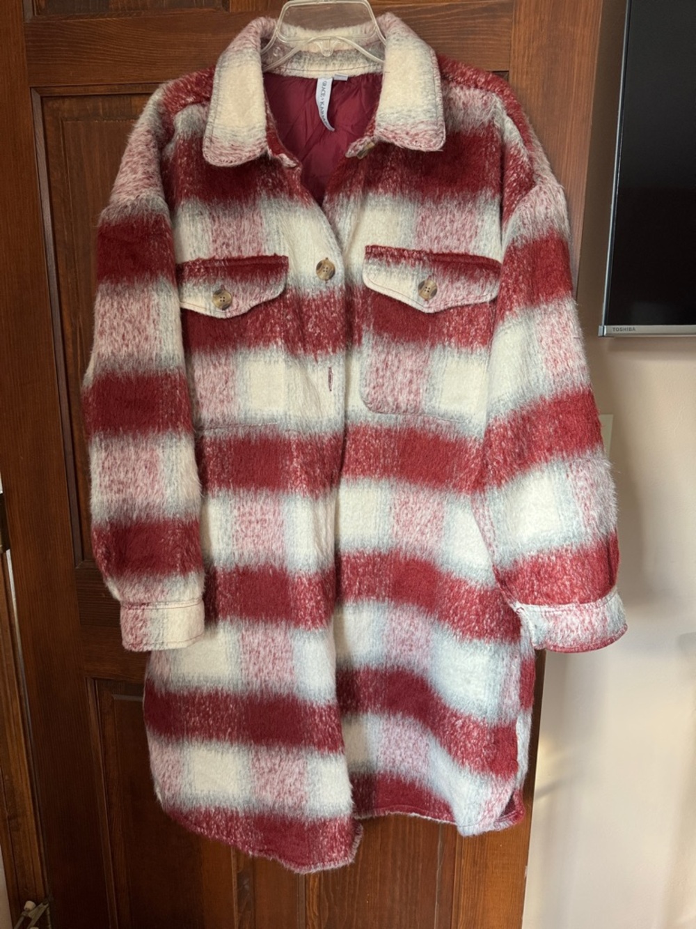 Women’s Striped Shacket Coat in Red and White plaid flannel